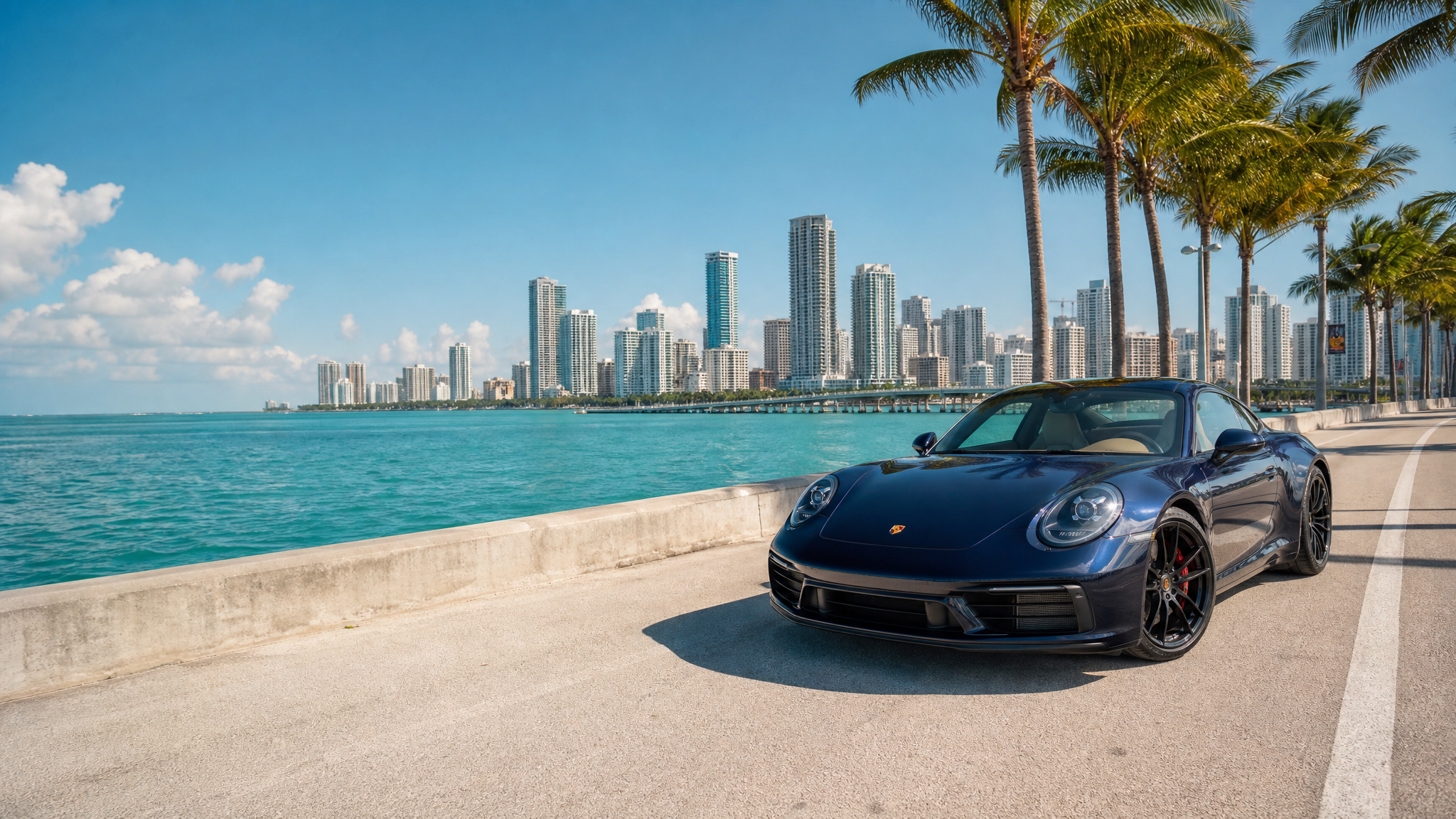 Luxury sports car on a Miami causeway with the downtown skyline