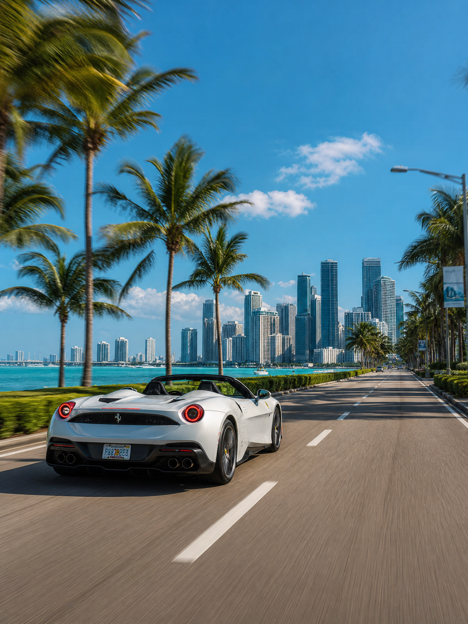 Sports car on a palm-lined Miami causeway