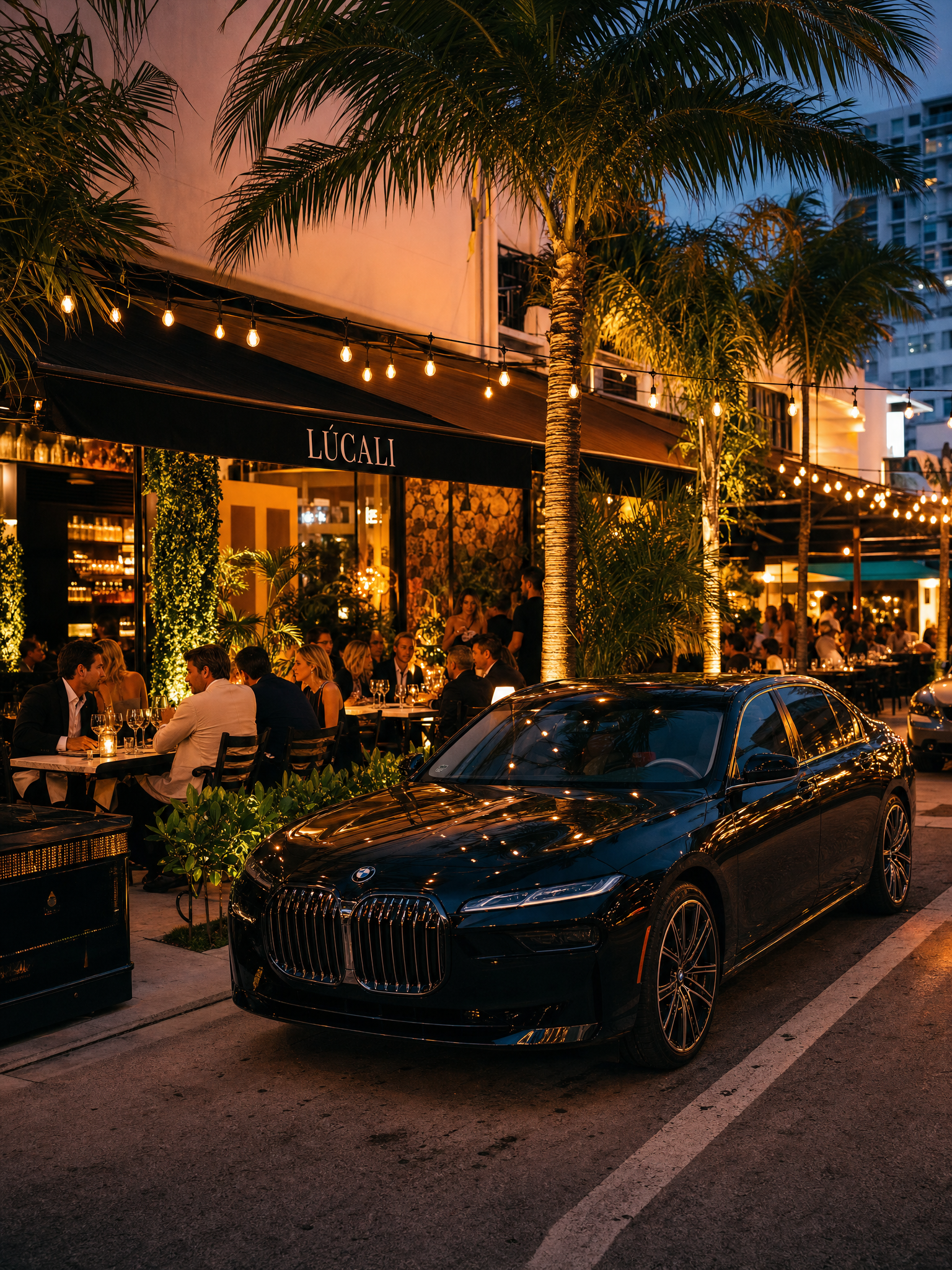 Luxury car at an upscale Miami restaurant