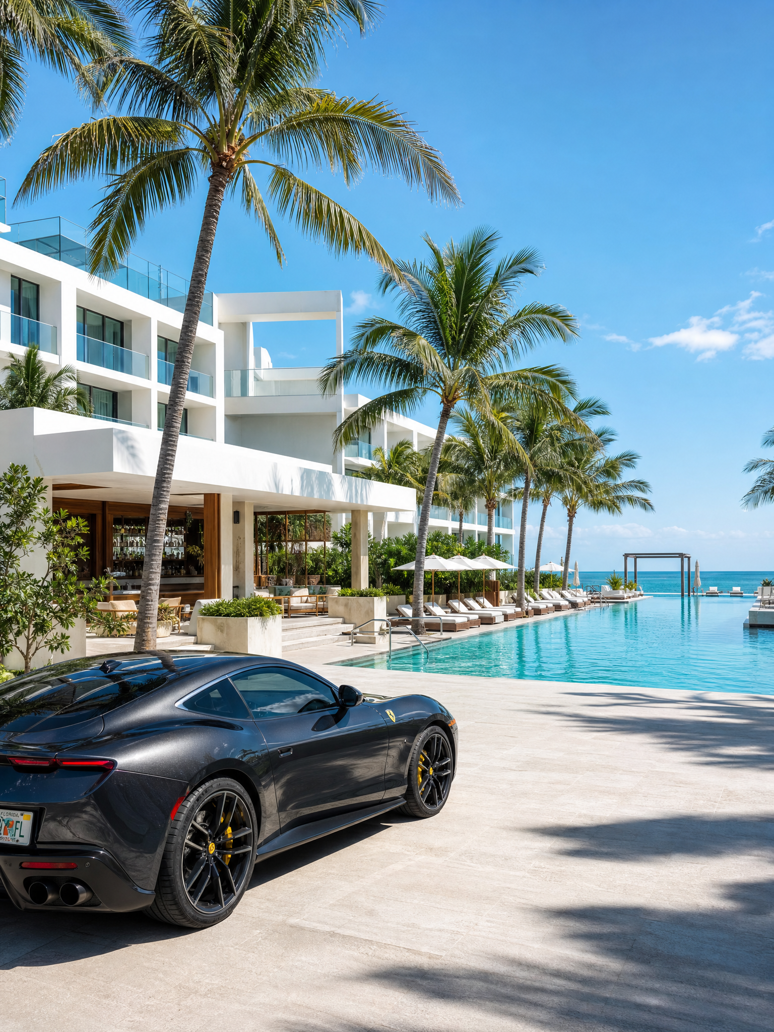 Sports car at a Miami resort poolside