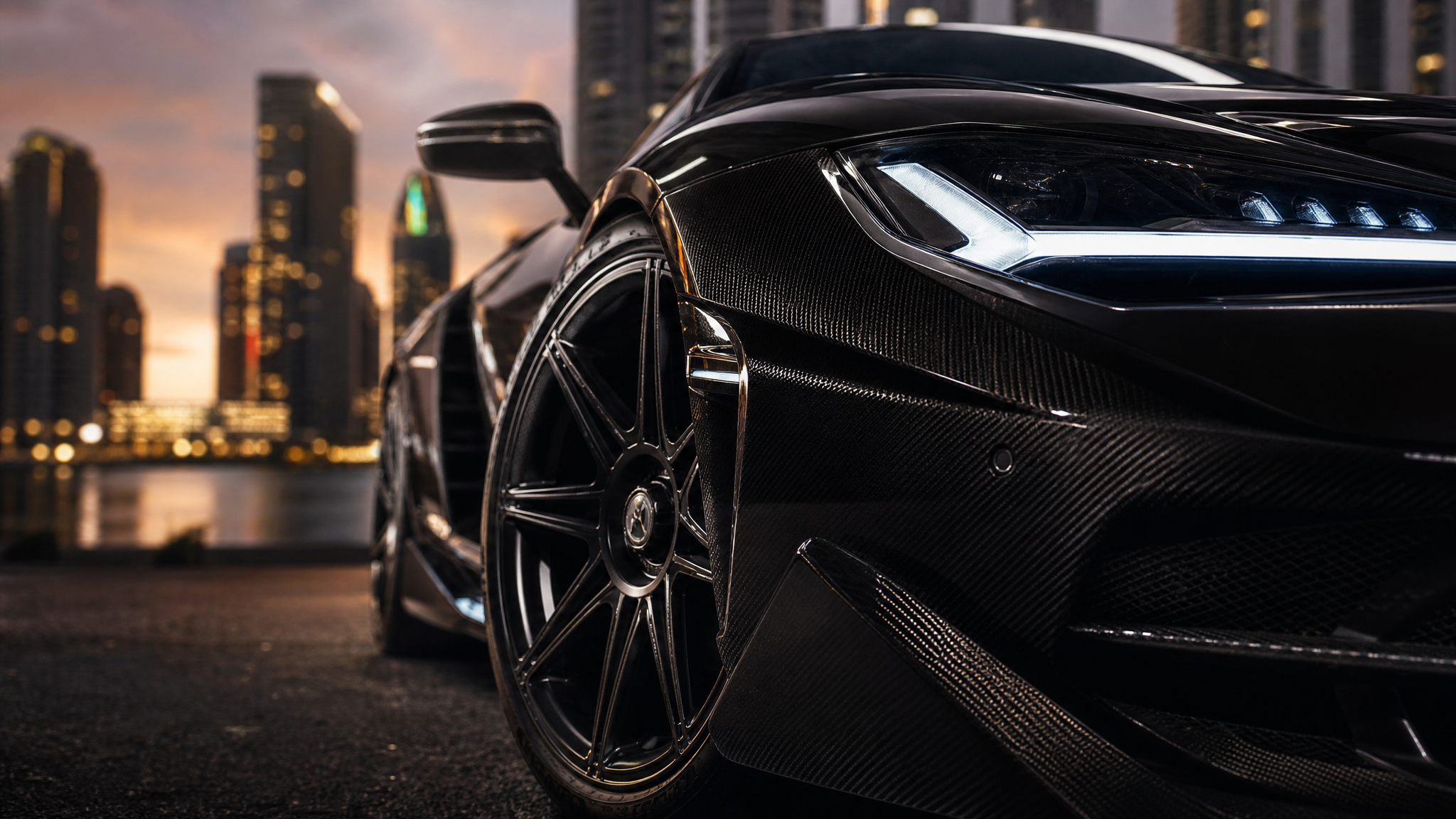 Close-up luxury car detail with Miami cityscape